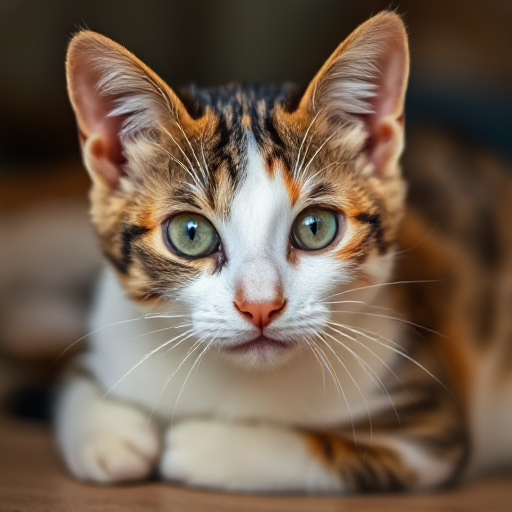 Calico tabby cat sitting while starring with pretty green eyes. 