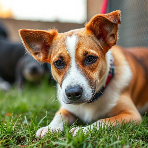 Dog laying down in the grass with a collar on. 